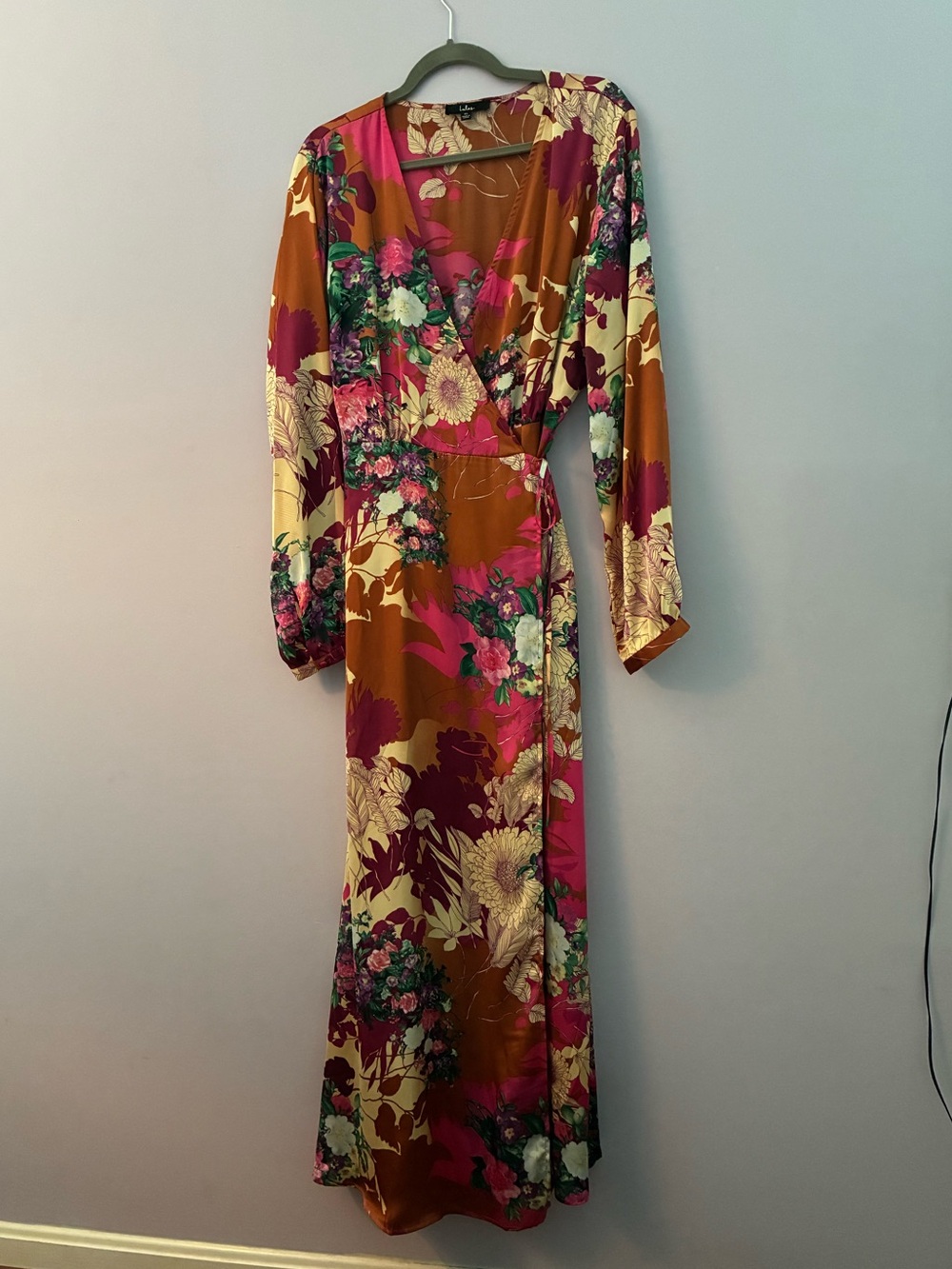 Lulus | Put on a Smile Burgundy Floral Print Satin Wrap Maxi Dress - Picture 11 of 11